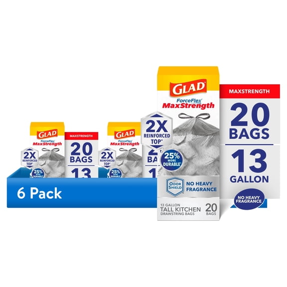 (6 pack) Glad ForceFlex MaxStrength Tall Kitchen Drawstring Trash Bags, 13 Gallon, Odorshield, 20 Count
