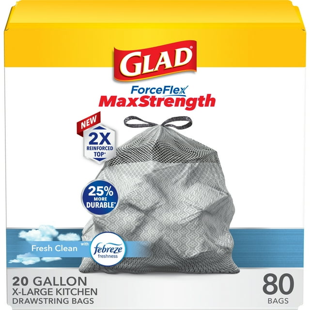 Glad ForceFlex MaxStrength Tall Kitchen Drawstring Trash Bags, 20