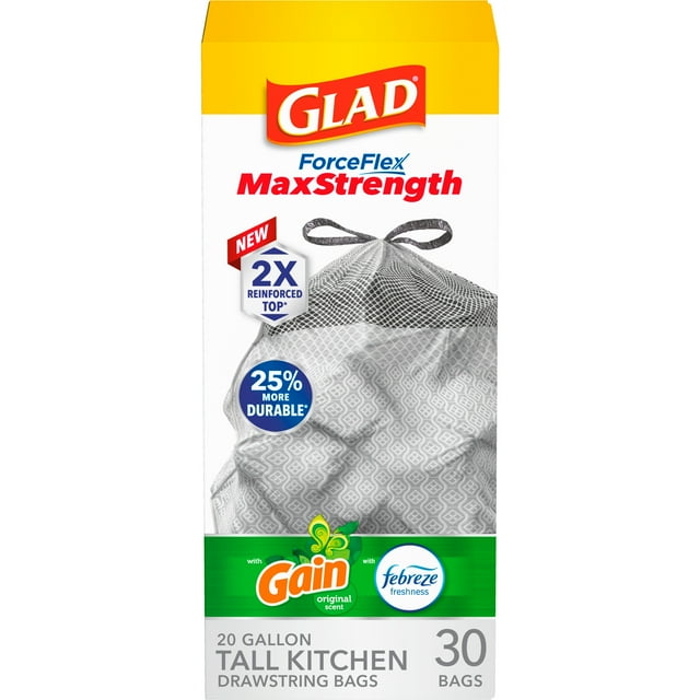 Glad ForceFlex MaxStrength Tall Kitchen Drawstring Trash Bags, 20