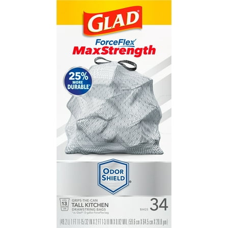 Glad ForceFlex MaxStrength Tall Kitchen Drawstring Trash Bags Odor Shield