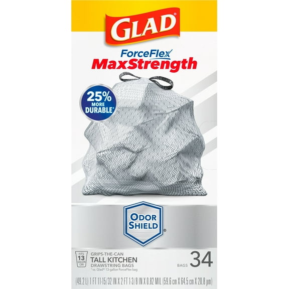 Glad ForceFlex MaxStrength Tall Kitchen Drawstring Trash Bags Odor Shield
