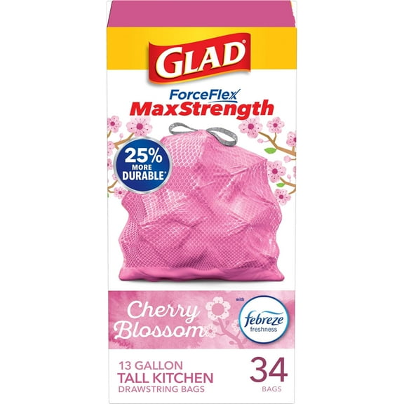 Glad ForceFlex MaxStrength Tall Kitchen Trash Bags, 13 Gal, Cherry Blossom, 34 Ct (Package May Vary) ( Pack of 2 )