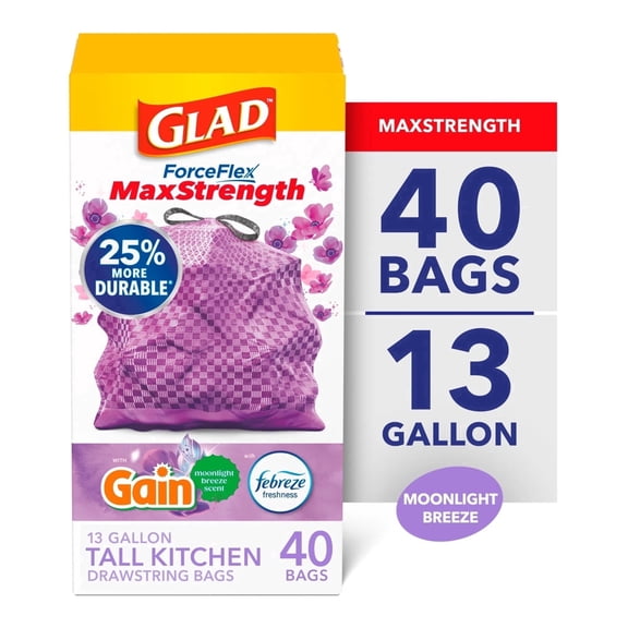 Glad ForceFlex MaxStrength Tall Kitchen Trash Bags, 13 Gal, Gain Moonlight Breeze, 40 Ct