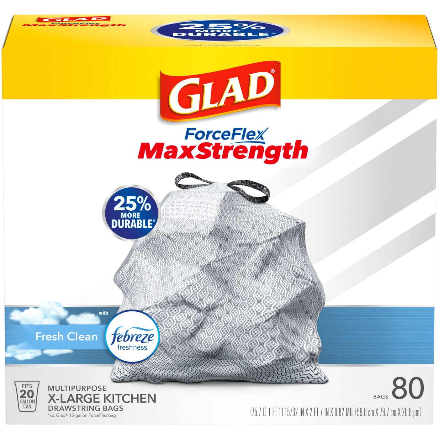 Glad ForceFlex MaxStrength X-Large Kitchen Drawstring Trash Bags, 20 Gallon - Fresh Clean Scent with Febreze Freshness 80 ct