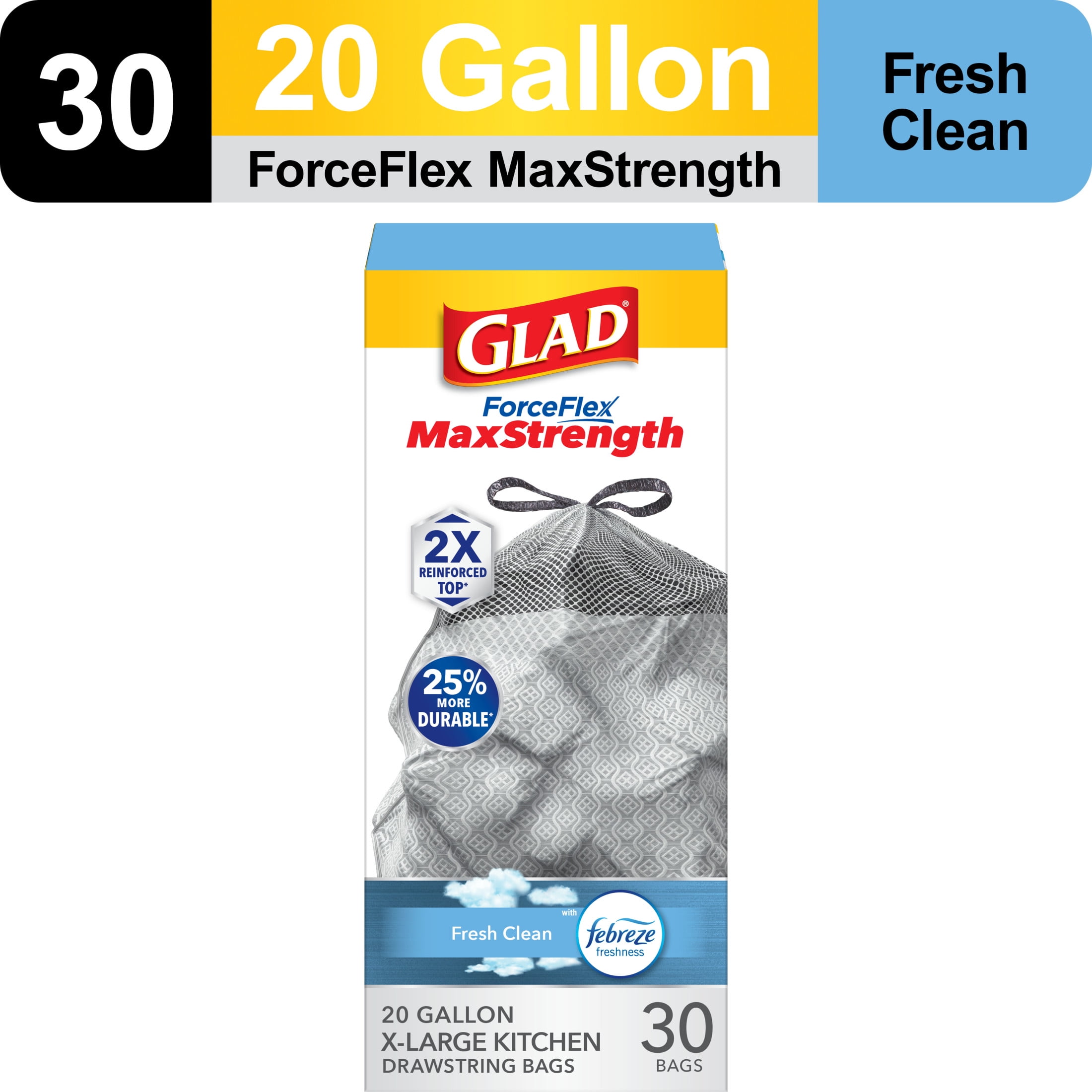 Glad ForceFlex MaxStrength X-Large Kitchen Trash Bags, 20 Gallon, 30 Bags