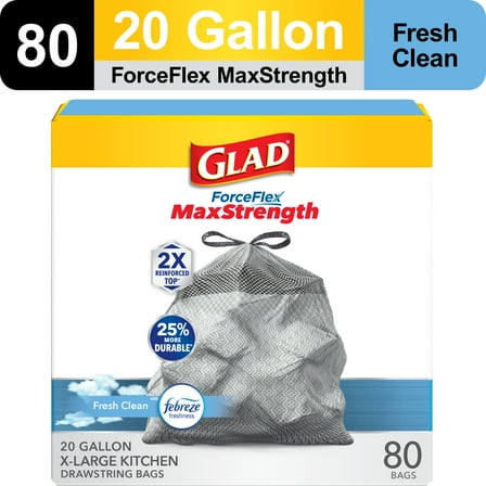 Glad 20-Gallon Scented Forceflex MaxStrength Tall Kitchen Drawstring Trash Bags, Fresh Clean Scent With Febreze Freshness, 80 Scented Bags