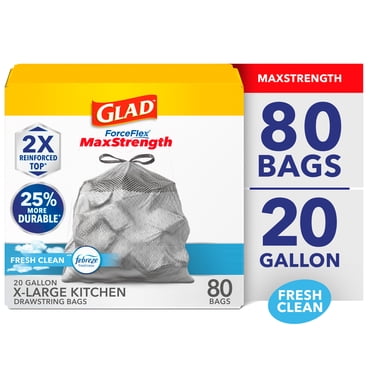 Glad 20-Gallon Scented Forceflex MaxStrength Tall Kitchen Drawstring Trash Bags, Fresh Clean Scent With Febreze Freshness, 80 Scented Bags