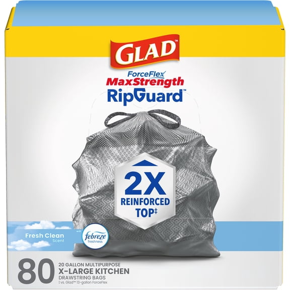 Glad ForceFlex MaxStrength RipGuard 20 Gallon Drawstring X Large Kitchen Trash Bags, Fresh Clean Scent, 80 Bags