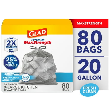 Glad ForceFlex MaxStrength 20-Gallon Drawstring X-Large Kitchen Trash Bags, Febreze Fresh Clean Scent, 80 Bags