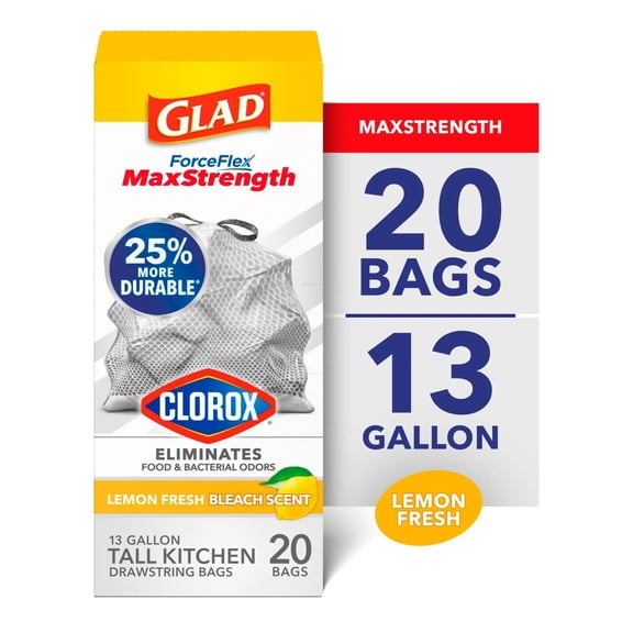 Glad ForceFlex MaxStrength with Clorox 13 Gallon Kitchen Trash Bags, Lemon Fresh Bleach, 20 Bags