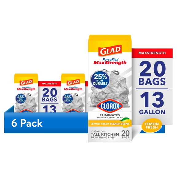 (6 pack) Glad ForceFlex MaxStrength with Clorox 13 Gallon Kitchen Trash Bags, Lemon Fresh Bleach, 20 Bags