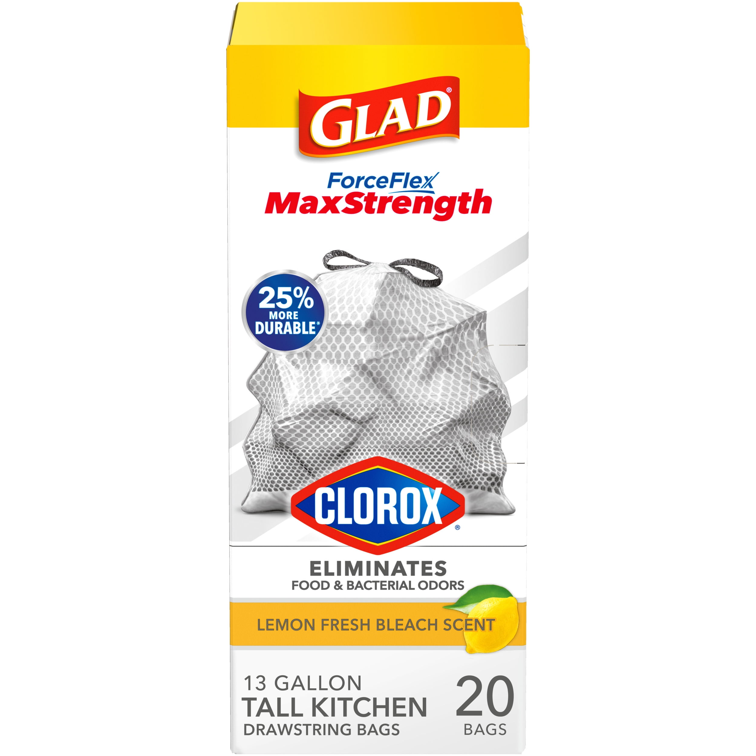 Glad ForceFlex MaxStrength with Clorox Tall Kitchen Trash Bags, 13 gal, Lemon Fresh Bleach, 20 ct