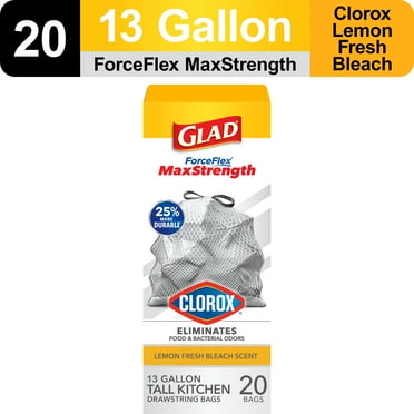 Glad ForceFlex MaxStrength With Clorox Kitchen Trash Bags, 13 Gallon, 20 Bags