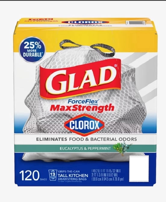 Glad ForceFlex MaxStrength with Clorox Eucalyptus and Peppermint Tall Kitchen Drawstring Trash Bags 13 Gal, 120ct