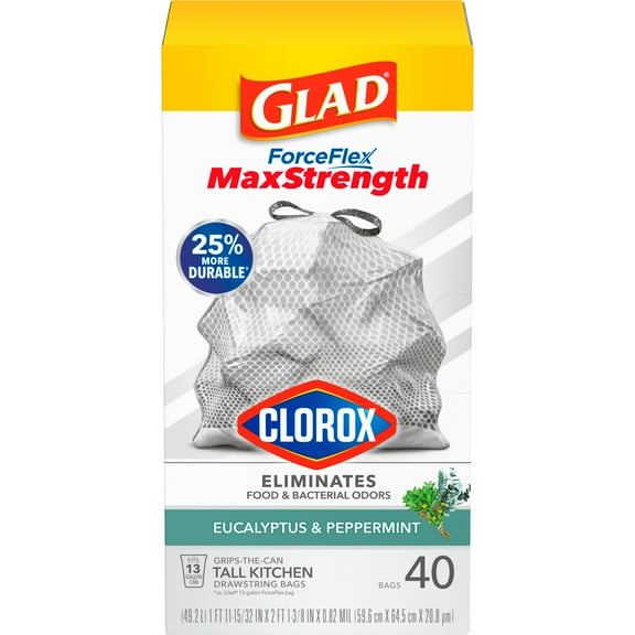 Glad ForceFlex MaxStrength with Clorox Trash Bags, 13 Gal, Eucalyptus and Peppermint, 40 Ct