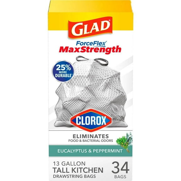 Glad ForceFlex MaxStrength with Clorox Eucalyptus and Peppermint Tall Kitchen Drawstring Trash Bags