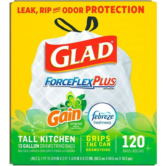 Glad ForceFlex OdorShield Drawstring Trash Bags, Gain Scent, 13 Gallon., 120 Count