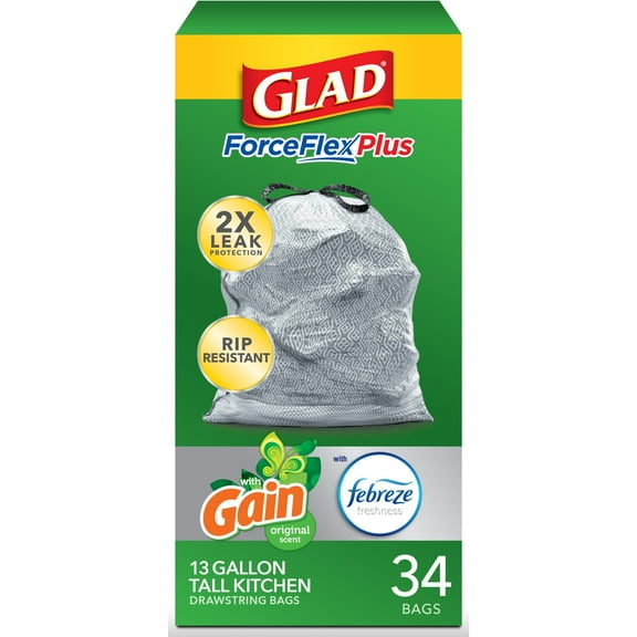 Glad Tall Kitchen Trash Bags, 13 Gallon, 34 Bags (ForceFlexPlus, Gain Original)