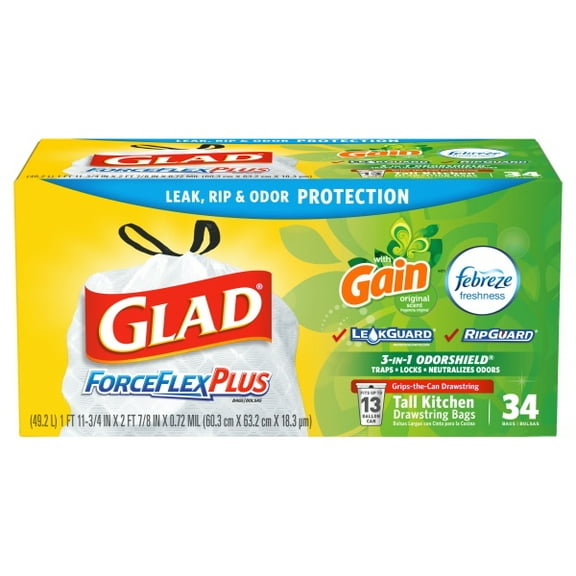 Glad ForceFlex OdorShield Tall Kitchen Drawstring Trash Bags, Gain Original, 13 Gallon, 34 Count