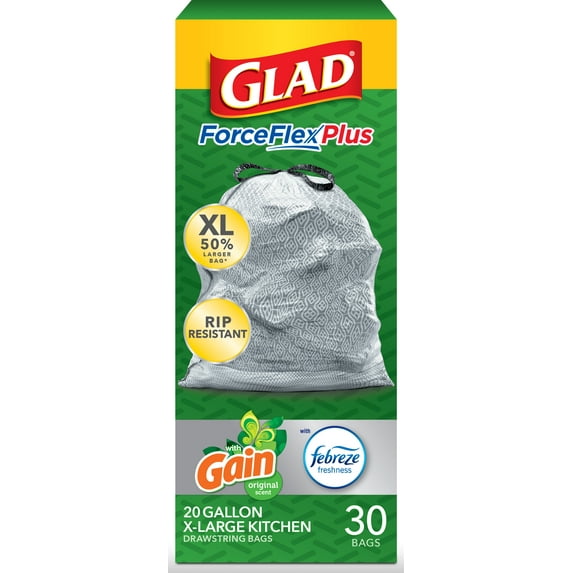 Glad ForceFlex Plus 20 Gallon Drawstring XL Kitchen Trash Bag, Gain Original, 30 Bags