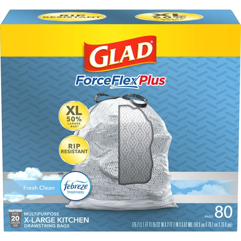 GLAD ForceFlexPlus XL X-Large Kitchen Drawstring Trash Bags - 20 Gallon  Grey Trash Bag, Fresh Clean