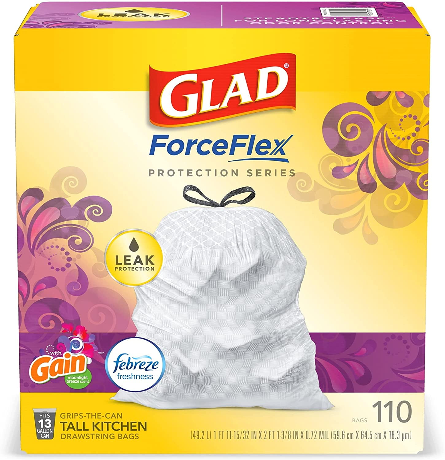 Glad ForceFlex Protection Series Tall Trash Bags, 13 Gal, Gain