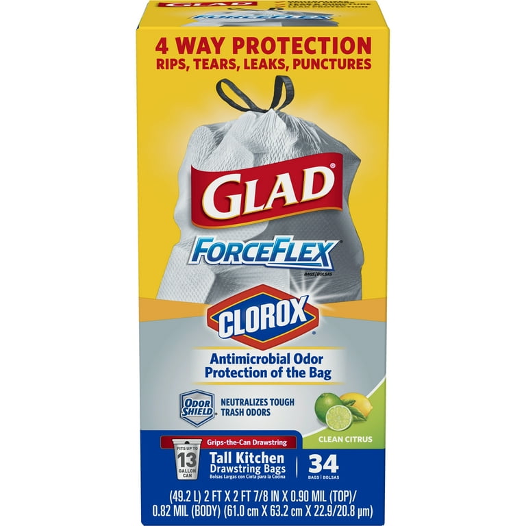 Glad ForceFlex Tall Kitchen Antimicrobial Drawstring Trash Bags - Scented -  13 Gallon - 34 ct 