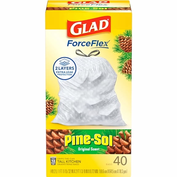 Glad ForceFlex Tall Kitchen Drawstring Garbage Bags 13 Gal Pine-Sol Scent (Pack of 32)
