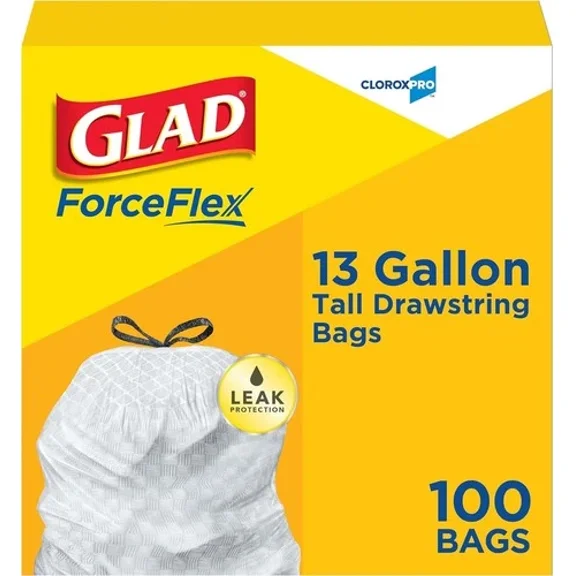 Glad ForceFlex Tall Kitchen Drawstring Trash Bags, 13 Gal, Fragrance Free, 100 C