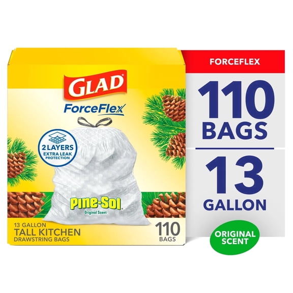 Glad ForceFlex Tall Kitchen Drawstring Trash Bags, 13 Gal, Pine-Sol Original, 110 Ct