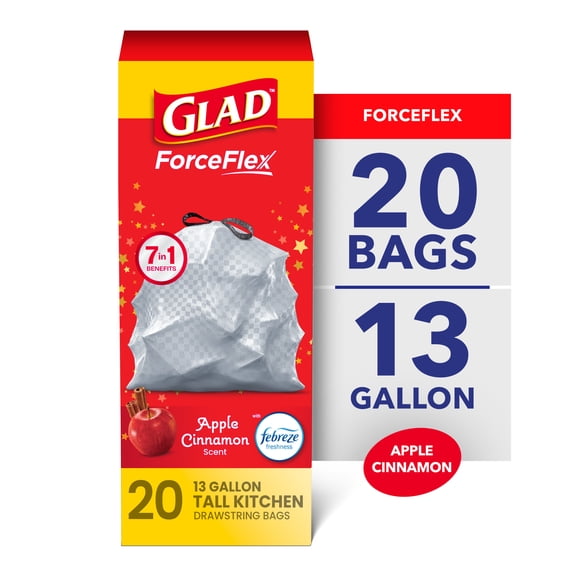 Glad ForceFlex 13-Gallon Drawstring Tall Kitchen Trash Bags, Apple Cinnamon, 20 Bags