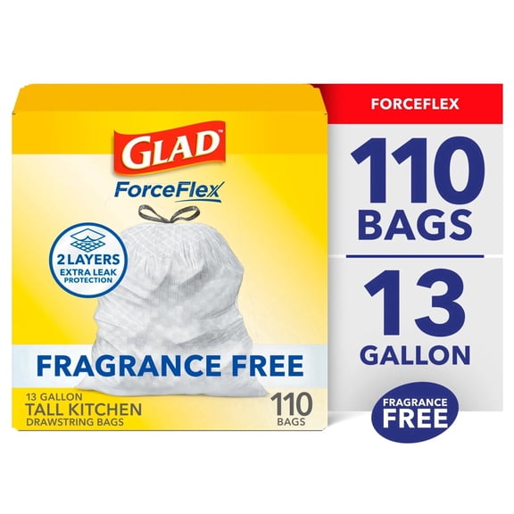Glad ForceFlex Tall Kitchen Drawstring Trash Bags, 13 Gallon, Fragrance Free, 110 Count