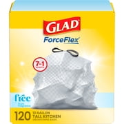 Glad ForceFlex Tall Kitchen Drawstring Trash Bags, 13 Gal, Fragrance Free, 120 Count