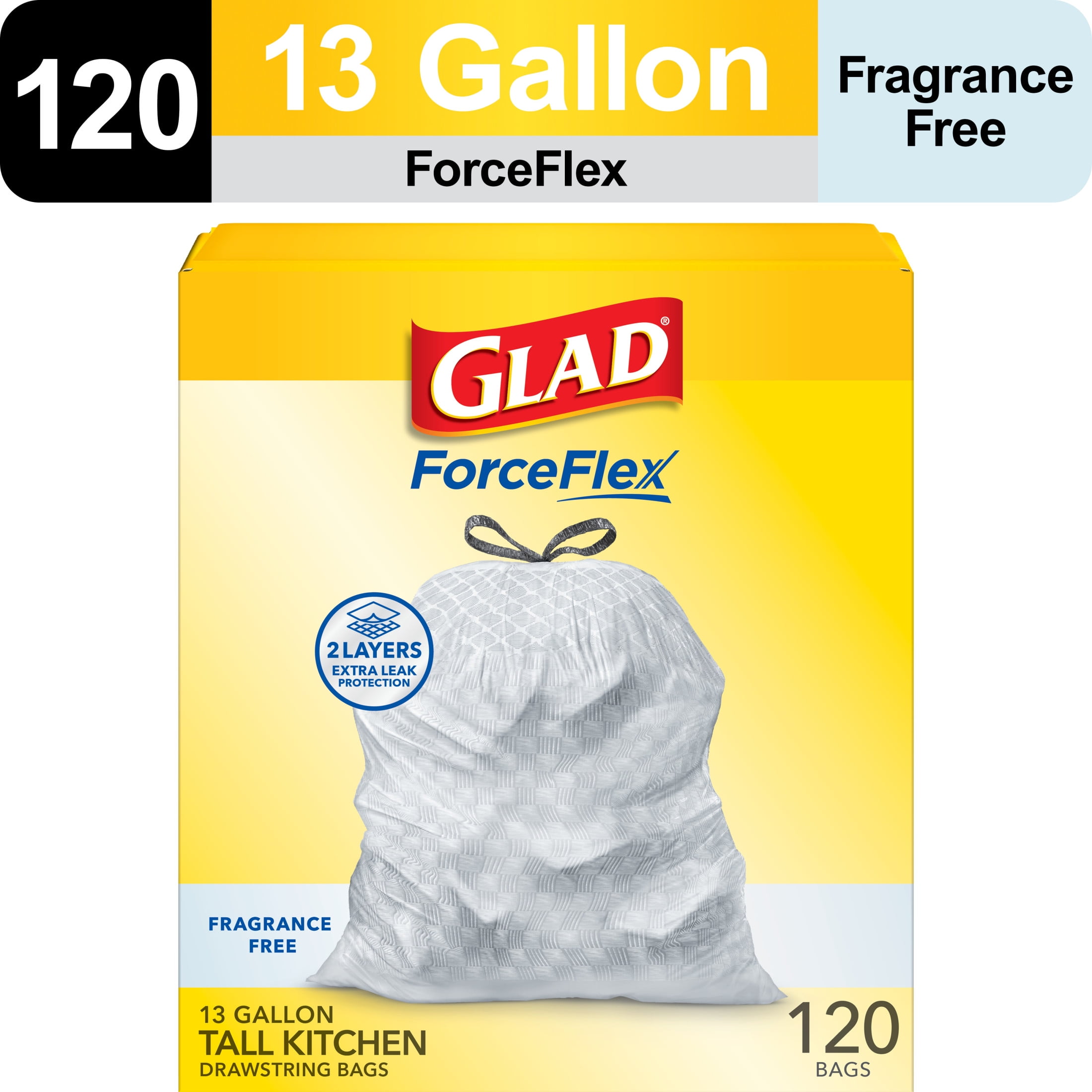 Walmart discount codes: Glad ForceFlex Handles Flex Garbage Drawstring, 13 Gallon Tall Kitchen Trash Bags, Unscented, 120 Bags