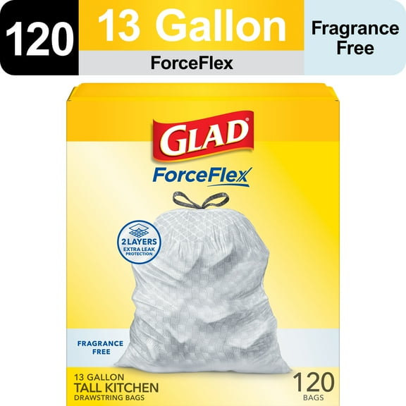 Glad ForceFlex Tall Kitchen Drawstring Trash Bags, 13 Gallon, Fragrance Free, 120 Count