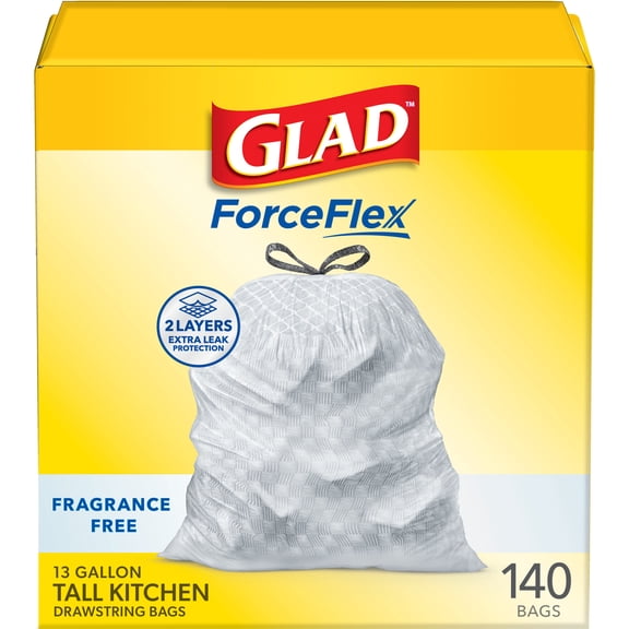 Glad ForceFlex Tall Kitchen Drawstring Trash Bags, 13 Gallon, Fragrance Free, 140 Count