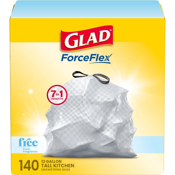 Glad ForceFlex Tall Kitchen Drawstring Trash Bags, 13 Gal, Fragrance Free, 140 Count