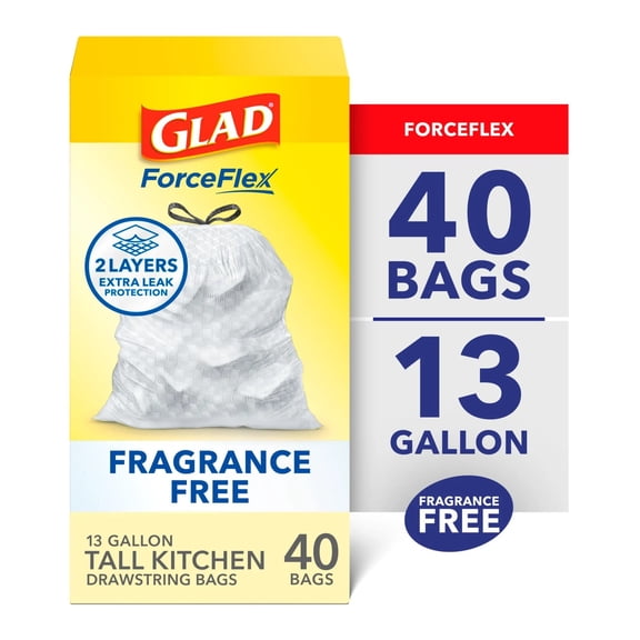 Glad ForceFlex Tall Kitchen Drawstring Trash Bags, 13 Gallon, Fragrance Free, 40 Count