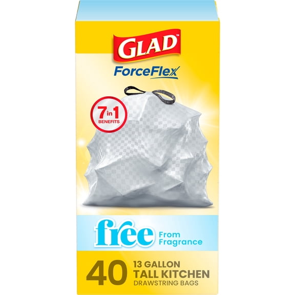 Glad ForceFlex Tall Kitchen Drawstring Trash Bags, 13 Gal, Fragrance Free, 40 Count