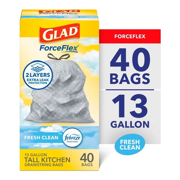 Glad ForceFlex Tall Kitchen Drawstring Trash Bags, 13 Gallon, Gain Fresh Clean with Febreze Freshness, 40 Count