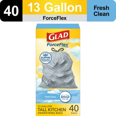 Glad ForceFlex Tall Kitchen Drawstring Trash Bags, 13 Gallon, Gain Fresh Clean with Febreze Freshness, 40 Count