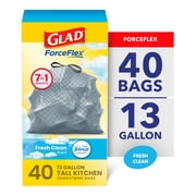 Glad ForceFlex 13-Gallon Drawstring Tall Kitchen Trash Bags, Febreze Fresh Clean Scent, 40 Bags