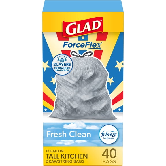 Glad ForceFlex Tall Kitchen Drawstring Trash Bags, 13 Gallon, Fresh Clean Febreze, 40 Count