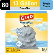 Glad ForceFlex Tall Kitchen Drawstring Trash Bags, 13 Gallon, Gain Fresh Clean with Febreze Freshness, 80 Count
