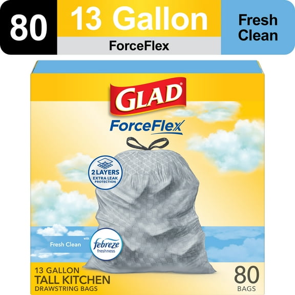 Glad ForceFlex Tall Kitchen Drawstring Trash Bags, 13 Gallon, Gain Fresh Clean with Febreze Freshness, 80 Count
