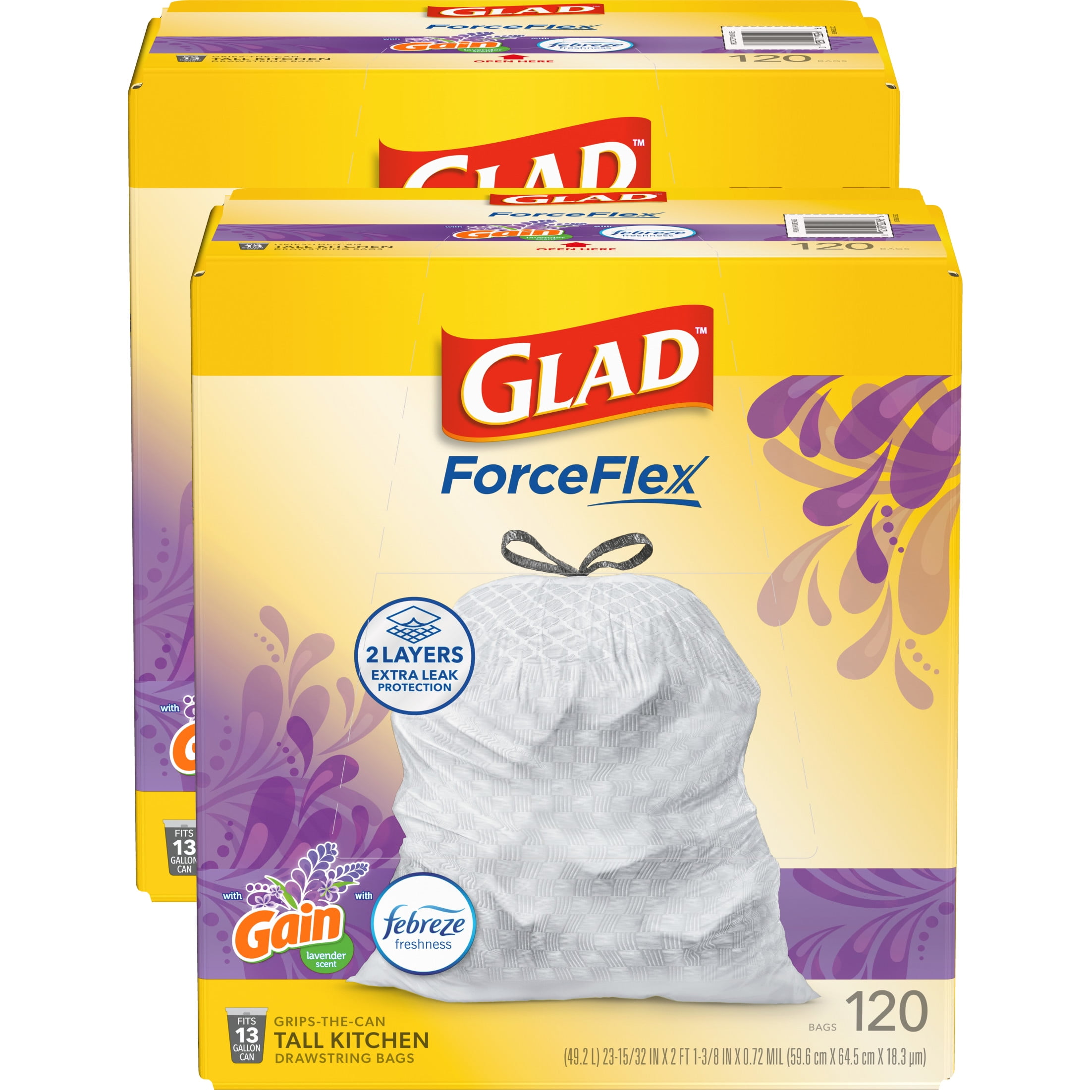 Glad ForceFlex Tall Kitchen Drawstring Trash Bags, 13 Gallon, Gain Lavender with Febreze Freshness, 120 Count Each, Pack of 2