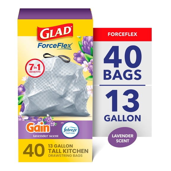 Glad ForceFlex 13-Gallon Drawstring Tall Kitchen Trash Bags, Gain Lavender Scent, 40 Bags