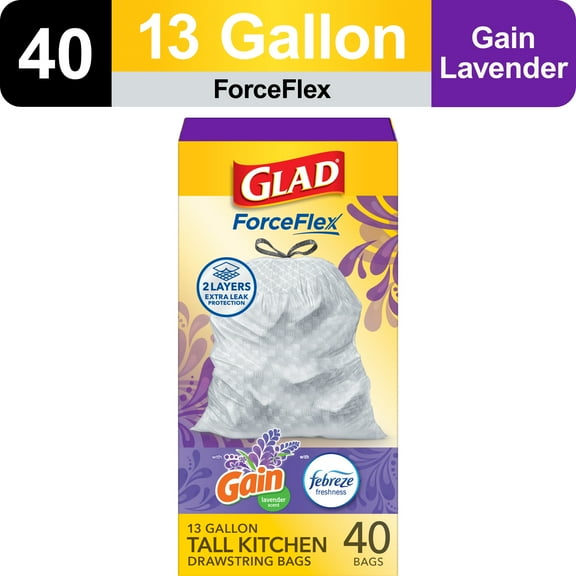 Glad ForceFlex Tall Kitchen Drawstring Trash Bags, 13 Gallon, Gain Lavender with Febreze Freshness, 40 Count