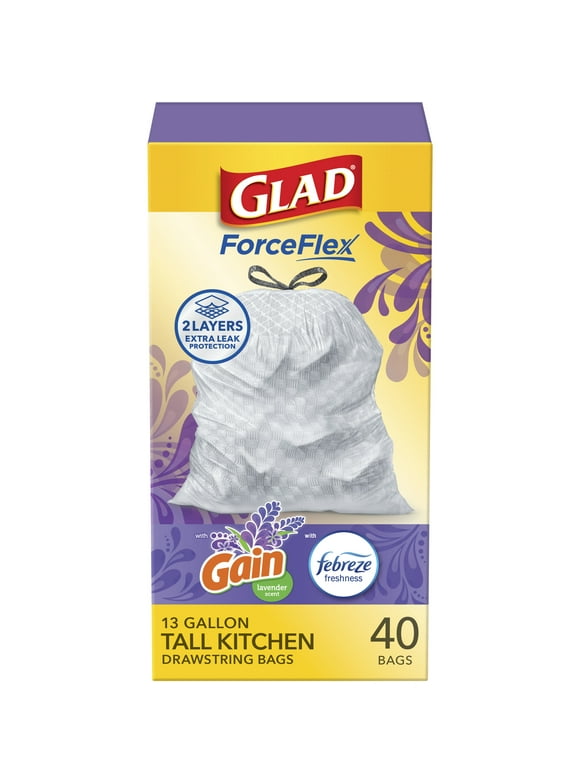 Glad ForceFlex Tall Kitchen Drawstring Trash Bags, 13 Gallon, Gain Lavender with Febreze Freshness, 40 Count