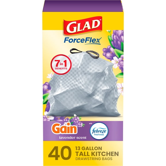 Glad ForceFlex Tall Kitchen Drawstring Trash Bags, 13 Gallon, Gain Lavender with Febreze Freshness, 40 Count